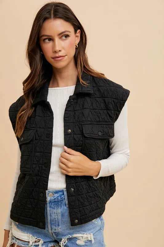 Annie Wear Texture Quilted Snap Down Vest Coat-Vest-Trendsi-[option4]-[option5]-[option6]-[option7]-[option8]-Shop-Boutique-Clothing-for-Women-Online
