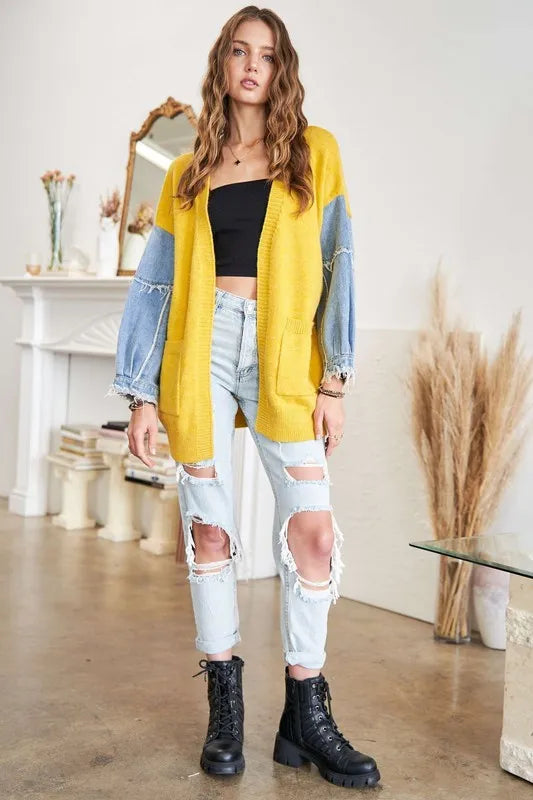 ADORA Full Size Frayed Denim Sleeve Sweater Cardigan-Coats & Jackets-Trendsi-[option4]-[option5]-[option6]-[option7]-[option8]-Shop-Boutique-Clothing-for-Women-Online