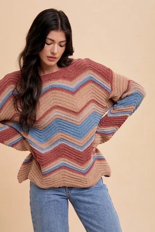 Annie Wear Multi Color Zig-Zag Round Neck Sweater-Sweaters-Trendsi-[option4]-[option5]-[option6]-[option7]-[option8]-Shop-Boutique-Clothing-for-Women-Online