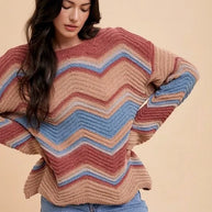 Annie Wear Multi Color Zig-Zag Round Neck Sweater-Sweaters-Trendsi-[option4]-[option5]-[option6]-[option7]-[option8]-Shop-Boutique-Clothing-for-Women-Online