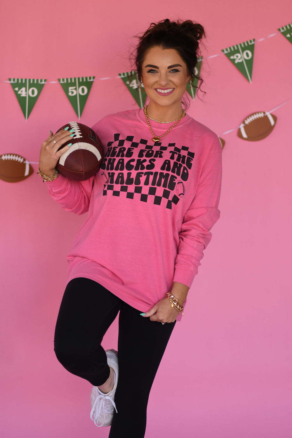 PREORDER: Pink Here For The Snacks And Halftime Tee/Long Sleeve Tee-P&PD Wholesale-[option4]-[option5]-[option6]-[option7]-[option8]-Shop-Boutique-Clothing-for-Women-Online