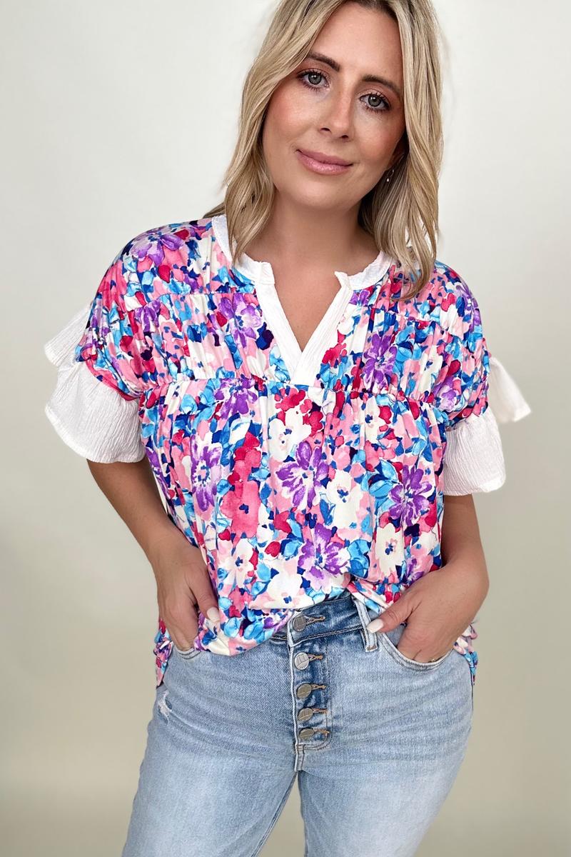 BiBi Floral Brushed Ruffle Sleeve Top-Blouses-Kiwidrop-[option4]-[option5]-[option6]-[option7]-[option8]-Shop-Boutique-Clothing-for-Women-Online