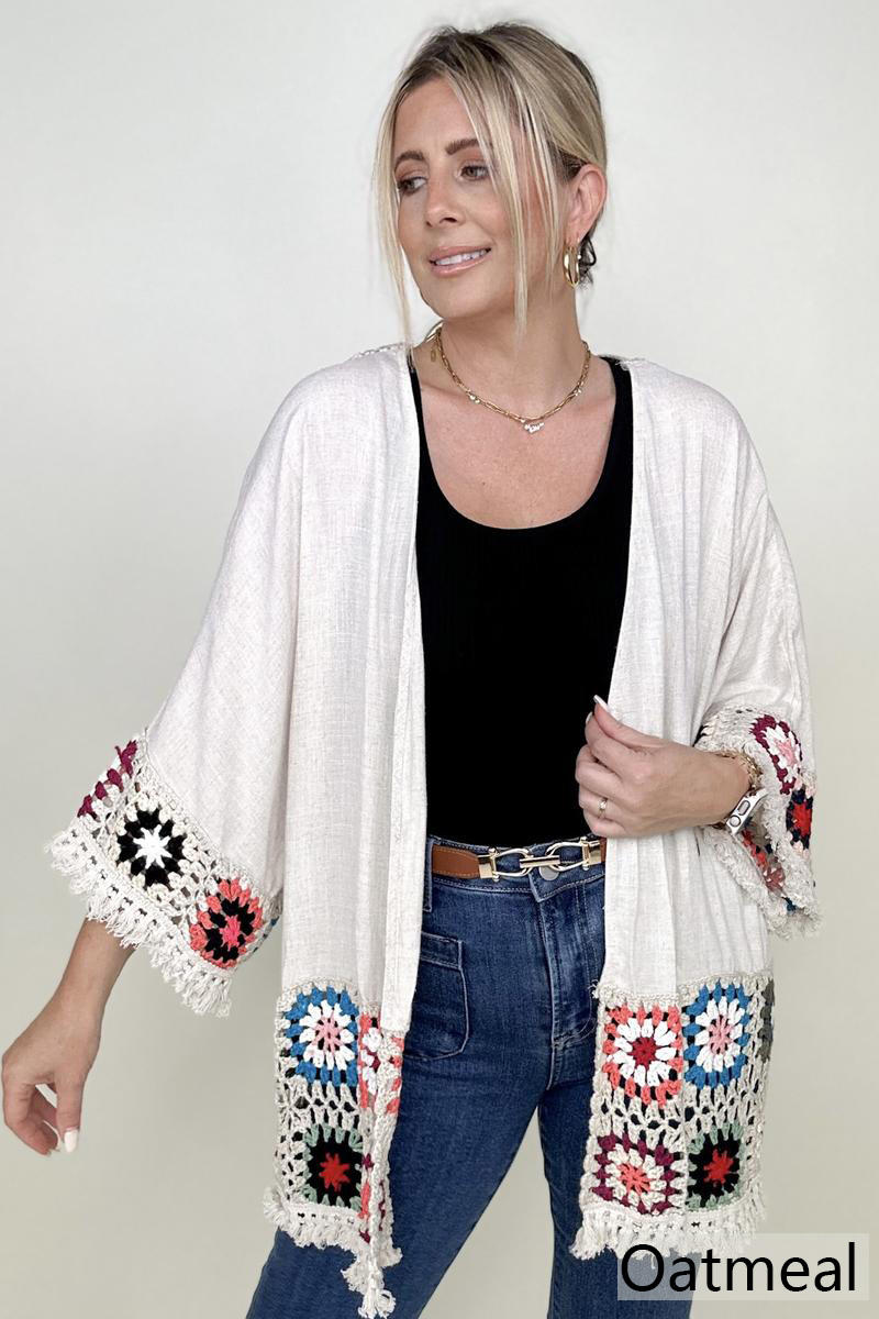 Umgee Linen Blend Patch Crochet Kimono-Kimonos-The Bee Chic Boutique-[option4]-[option5]-[option6]-[option7]-[option8]-Shop-Boutique-Clothing-for-Women-Online