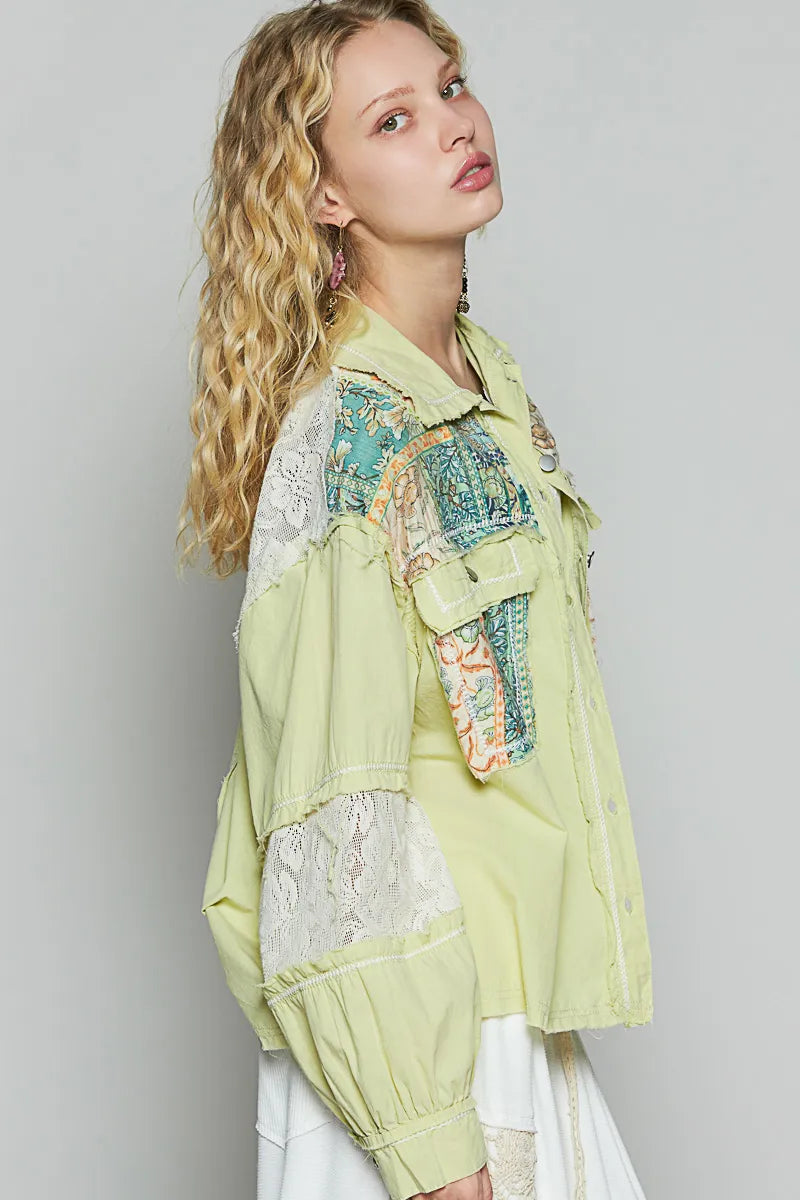 POL Printed Woven Mix Raw Hem Jacket with Lace Detail-Jacket-Trendsi-[option4]-[option5]-[option6]-[option7]-[option8]-Shop-Boutique-Clothing-for-Women-Online