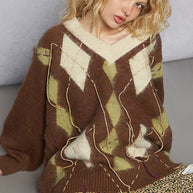 POL V-Neck Argyle Pattern Mohair Sweater with Contrast Exposed Stitch Detail-sweater-Trendsi-[option4]-[option5]-[option6]-[option7]-[option8]-Shop-Boutique-Clothing-for-Women-Online