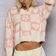 POL V-Neck Heart Pattern Checkered Sweater-Sweaters-Trendsi-[option4]-[option5]-[option6]-[option7]-[option8]-Shop-Boutique-Clothing-for-Women-Online