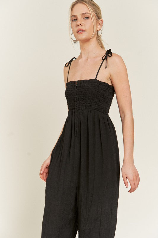 SMOCKED TIE STRAP JUMPSUIT-Jade By Jane-[option4]-[option5]-[option6]-[option7]-[option8]-Shop-Boutique-Clothing-for-Women-Online