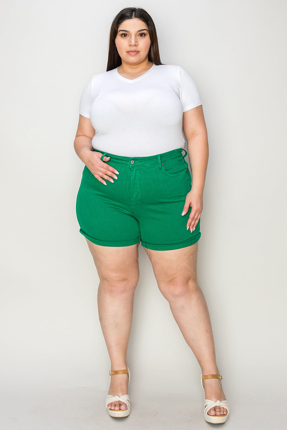 Judy Blue Tummy Control Garment Dyed Green Denim Shorts-Trendsi-K GREEN-S-[option4]-[option5]-[option6]-[option7]-[option8]-Shop-Boutique-Clothing-for-Women-Online
