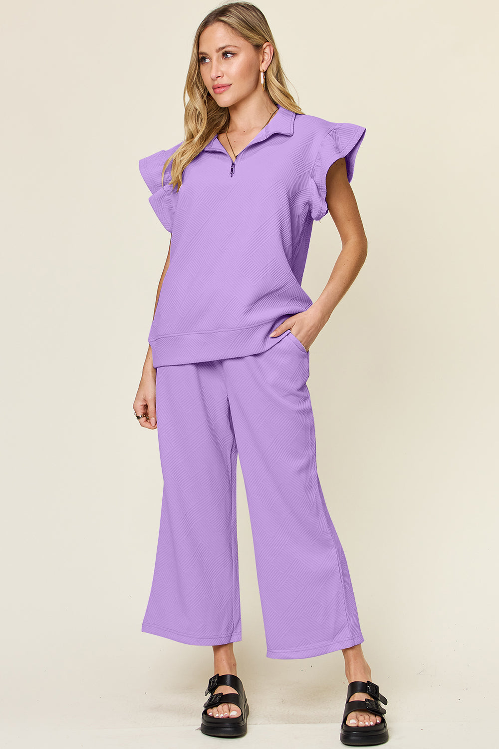 Double Take Texture Ruffle Short Sleeve Top and Drawstring Wide Leg Pants Set-Trendsi-Lavender-S-[option4]-[option5]-[option6]-[option7]-[option8]-Shop-Boutique-Clothing-for-Women-Online