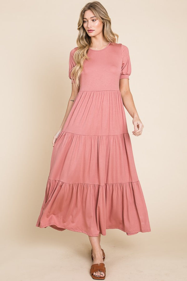 BOMBOM Short Sleeve Tiered Maxi Dress-Trendsi-Brick-S-[option4]-[option5]-[option6]-[option7]-[option8]-Shop-Boutique-Clothing-for-Women-Online