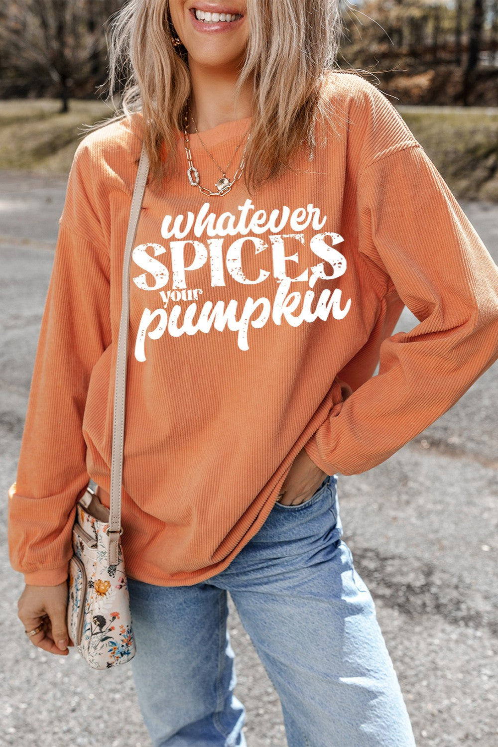 Whatever Spices Your Pumpkin Round Neck Long Sleeve Ribbed Sweatshirt-Trendsi-[option4]-[option5]-[option6]-[option7]-[option8]-Shop-Boutique-Clothing-for-Women-Online