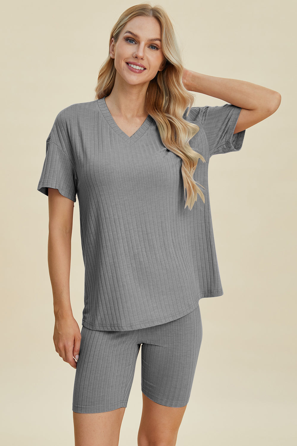 Basic Bae Ribbed V-Neck Short Sleeve Top and Shorts Set-Trendsi-Gray-S-[option4]-[option5]-[option6]-[option7]-[option8]-Shop-Boutique-Clothing-for-Women-Online