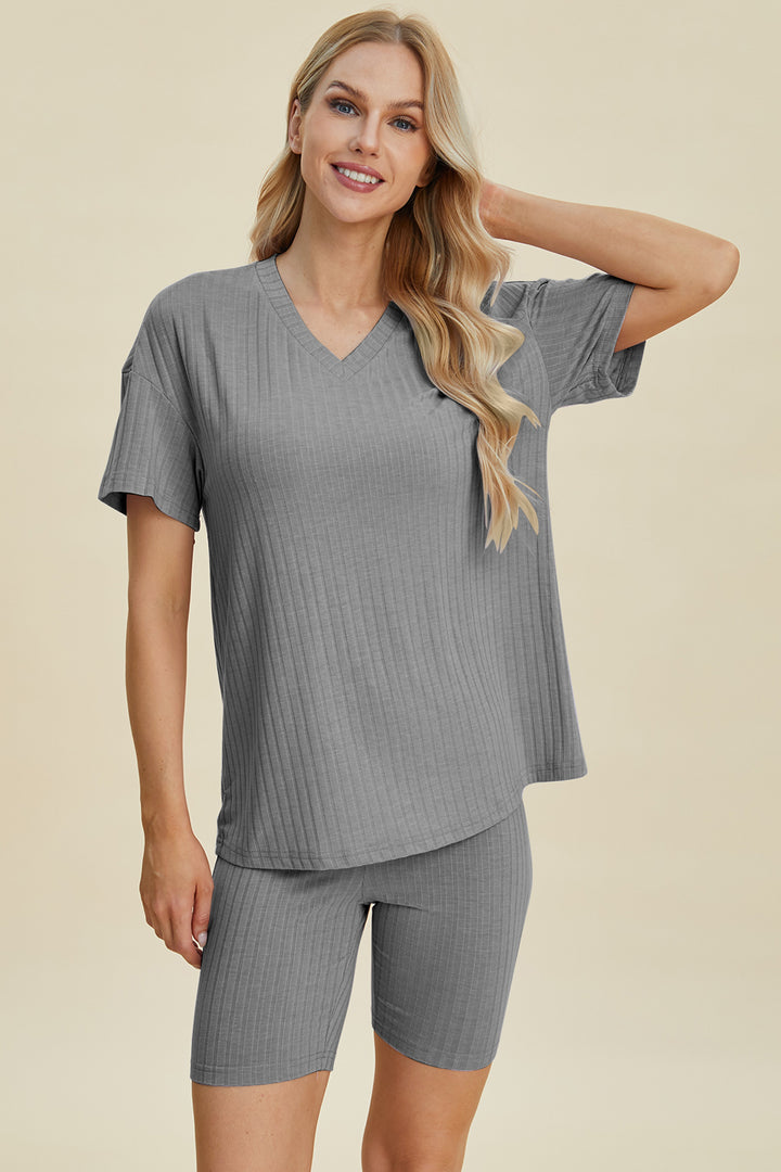 Basic Bae Ribbed V-Neck Short Sleeve Top and Shorts Set-Trendsi-Gray-S-[option4]-[option5]-[option6]-[option7]-[option8]-Shop-Boutique-Clothing-for-Women-Online