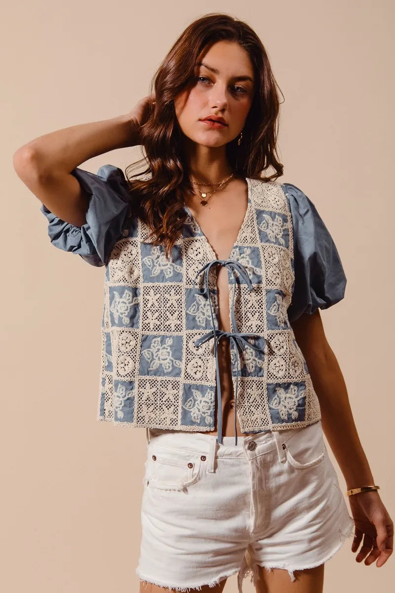 SO ME Crochet Lace Tie Front V Neck Blouse Top-Blouses-Trendsi-[option4]-[option5]-[option6]-[option7]-[option8]-Shop-Boutique-Clothing-for-Women-Online