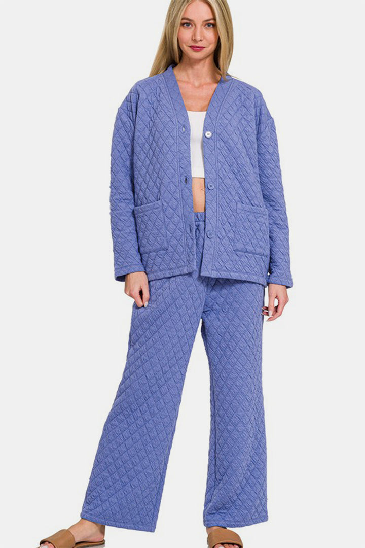 Zenana Quilted Button Up Long Sleeve Top and Pants Lounge Set-Trendsi-Blue Purple-S-[option4]-[option5]-[option6]-[option7]-[option8]-Shop-Boutique-Clothing-for-Women-Online