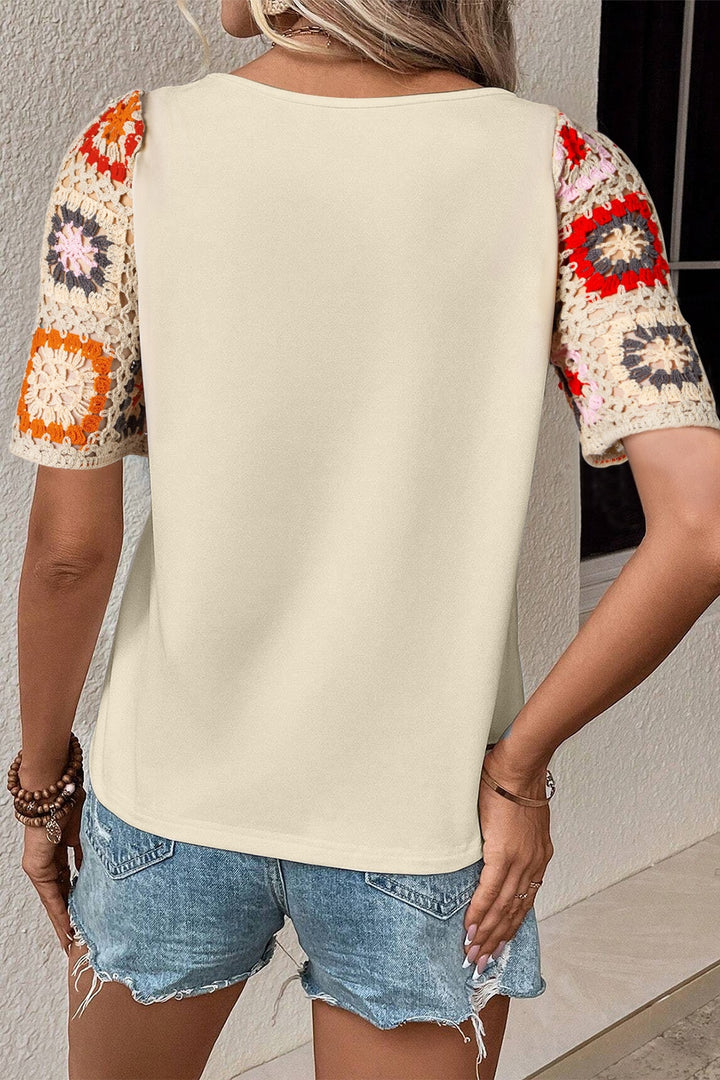 Crochet Sleeve Round Neck Short Sleeve Top-Trendsi-[option4]-[option5]-[option6]-[option7]-[option8]-Shop-Boutique-Clothing-for-Women-Online