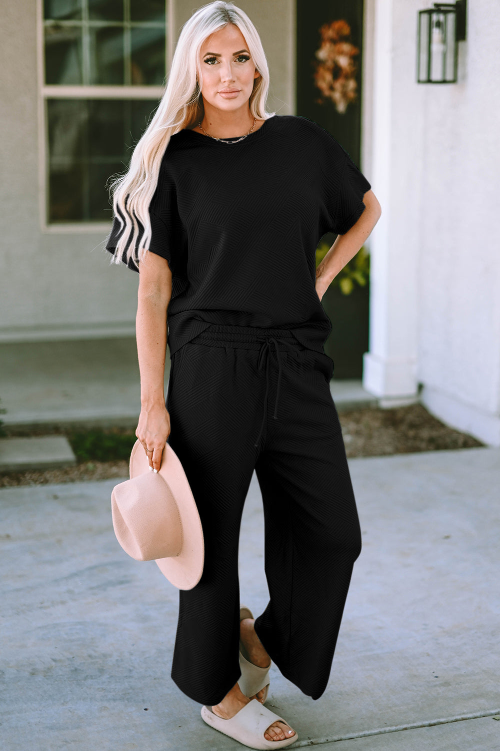 Short Sleeve Top and Pants Textured Lounge Set-Trendsi-Black-S-[option4]-[option5]-[option6]-[option7]-[option8]-Shop-Boutique-Clothing-for-Women-Online
