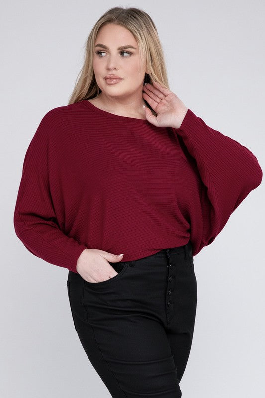 Zenana Plus Ribbed Batwing Long Sleeve Boat Neck Sweater-ZENANA-[option4]-[option5]-[option6]-[option7]-[option8]-Shop-Boutique-Clothing-for-Women-Online