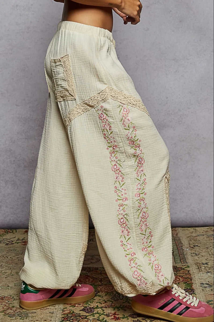 POL Floral Embroidered Drawstring Joggers with Lace Trim-Sweatpants & Joggers-Trendsi-[option4]-[option5]-[option6]-[option7]-[option8]-Shop-Boutique-Clothing-for-Women-Online