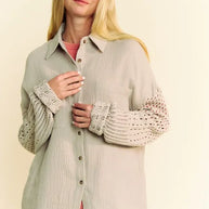 Davi & Dani Crochet Sleeve Crinkled Texture Shirt-Blouses-Trendsi-[option4]-[option5]-[option6]-[option7]-[option8]-Shop-Boutique-Clothing-for-Women-Online