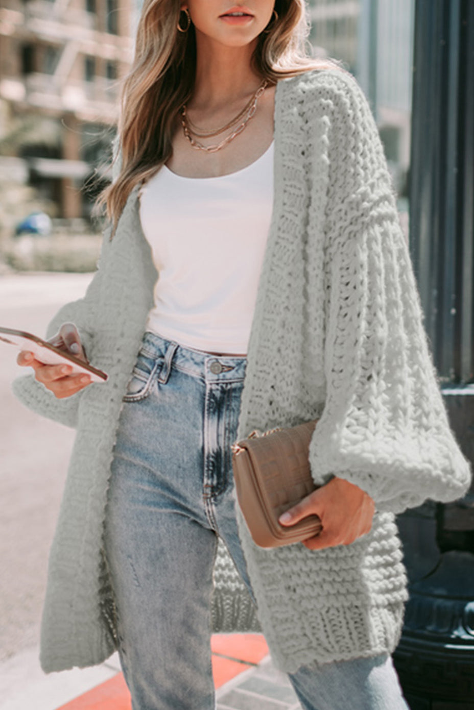 Gray Chunky Oversize Knit Drop Shoulder Puff Sleeve Cardigan-Sweaters & Cardigans/Cardigans-Dear-Lover Dropshipping-[option4]-[option5]-[option6]-[option7]-[option8]-Shop-Boutique-Clothing-for-Women-Online