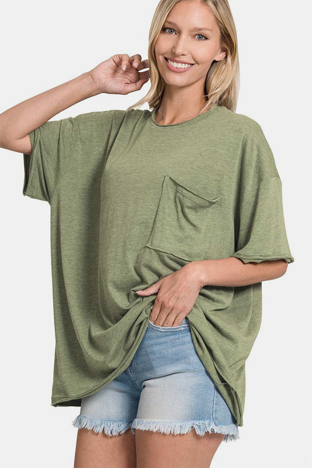 Zenana Drop Shoulder Oversized Front Pocket T-Shirt-Trendsi-Olive-S/M-[option4]-[option5]-[option6]-[option7]-[option8]-Shop-Boutique-Clothing-for-Women-Online