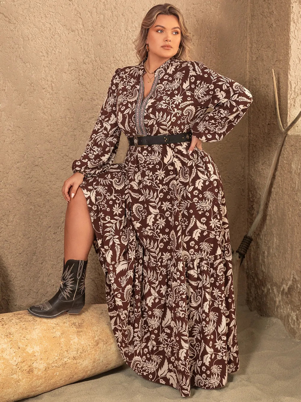 Plus Size Notched Balloon Sleeve Printed Maxi Dress-Dresses-Trendsi-[option4]-[option5]-[option6]-[option7]-[option8]-Shop-Boutique-Clothing-for-Women-Online