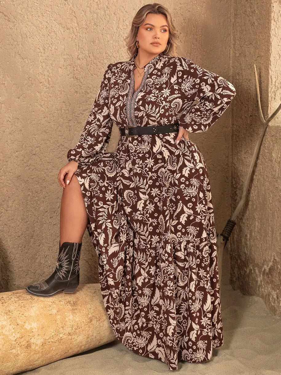 Plus Size Notched Balloon Sleeve Printed Maxi Dress-Dresses-Trendsi-[option4]-[option5]-[option6]-[option7]-[option8]-Shop-Boutique-Clothing-for-Women-Online