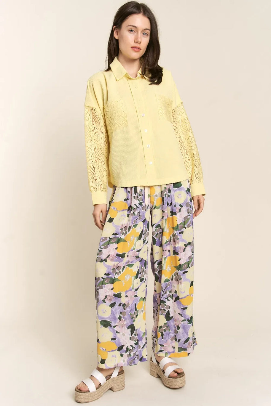 J.NNA Button Down Lace Long Sleeve Waffle Shirt-Blouses-Trendsi-[option4]-[option5]-[option6]-[option7]-[option8]-Shop-Boutique-Clothing-for-Women-Online