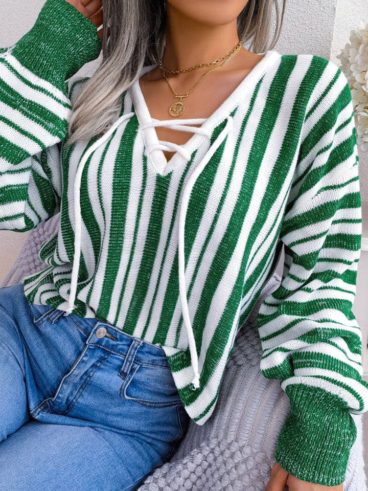 Striped Lace-Up Long Sleeve Sweater-Trendsi-[option4]-[option5]-[option6]-[option7]-[option8]-Shop-Boutique-Clothing-for-Women-Online