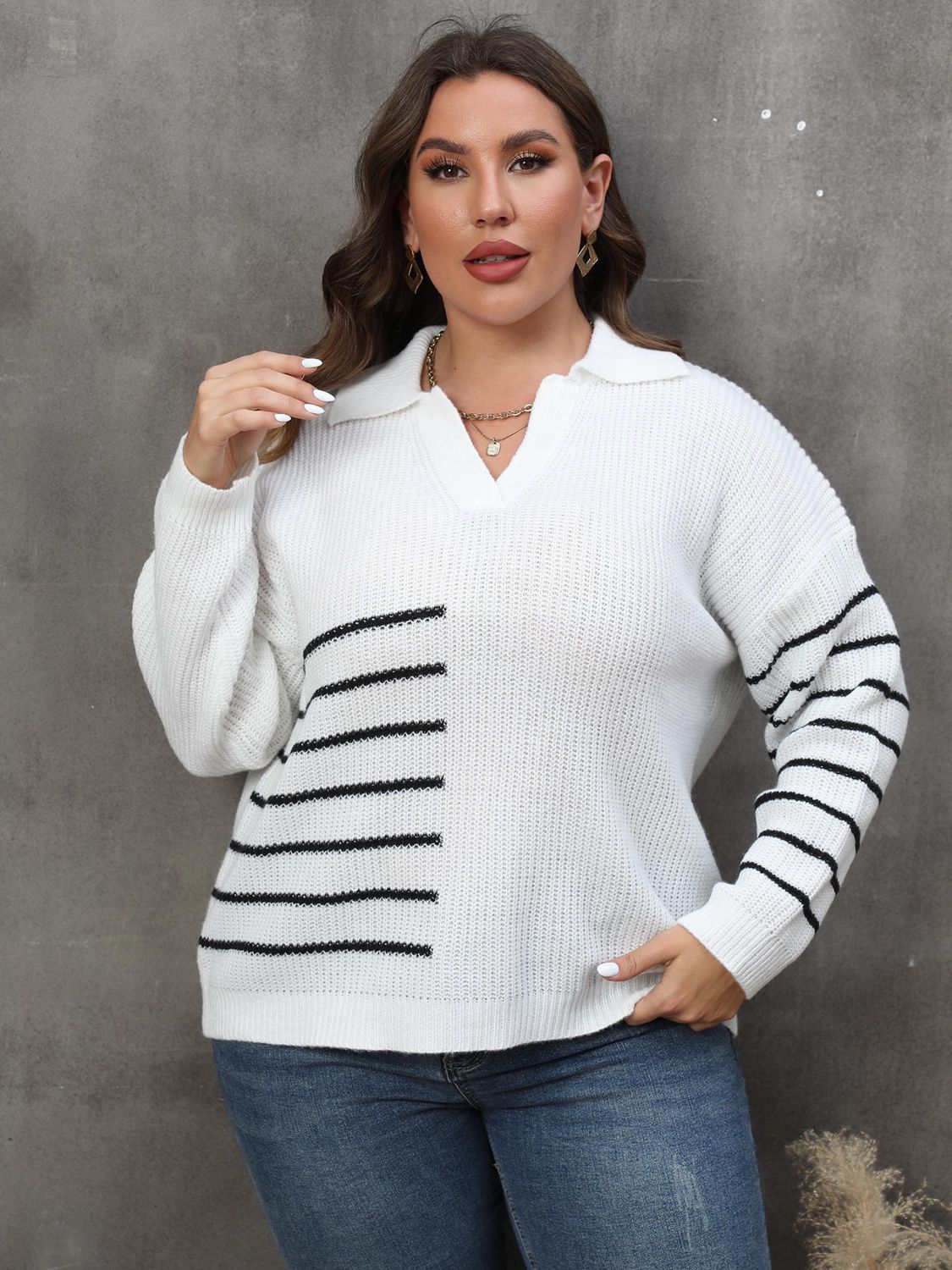 Plus Size Striped V-Neck Sweater-Sweaters-Trendsi-[option4]-[option5]-[option6]-[option7]-[option8]-Shop-Boutique-Clothing-for-Women-Online