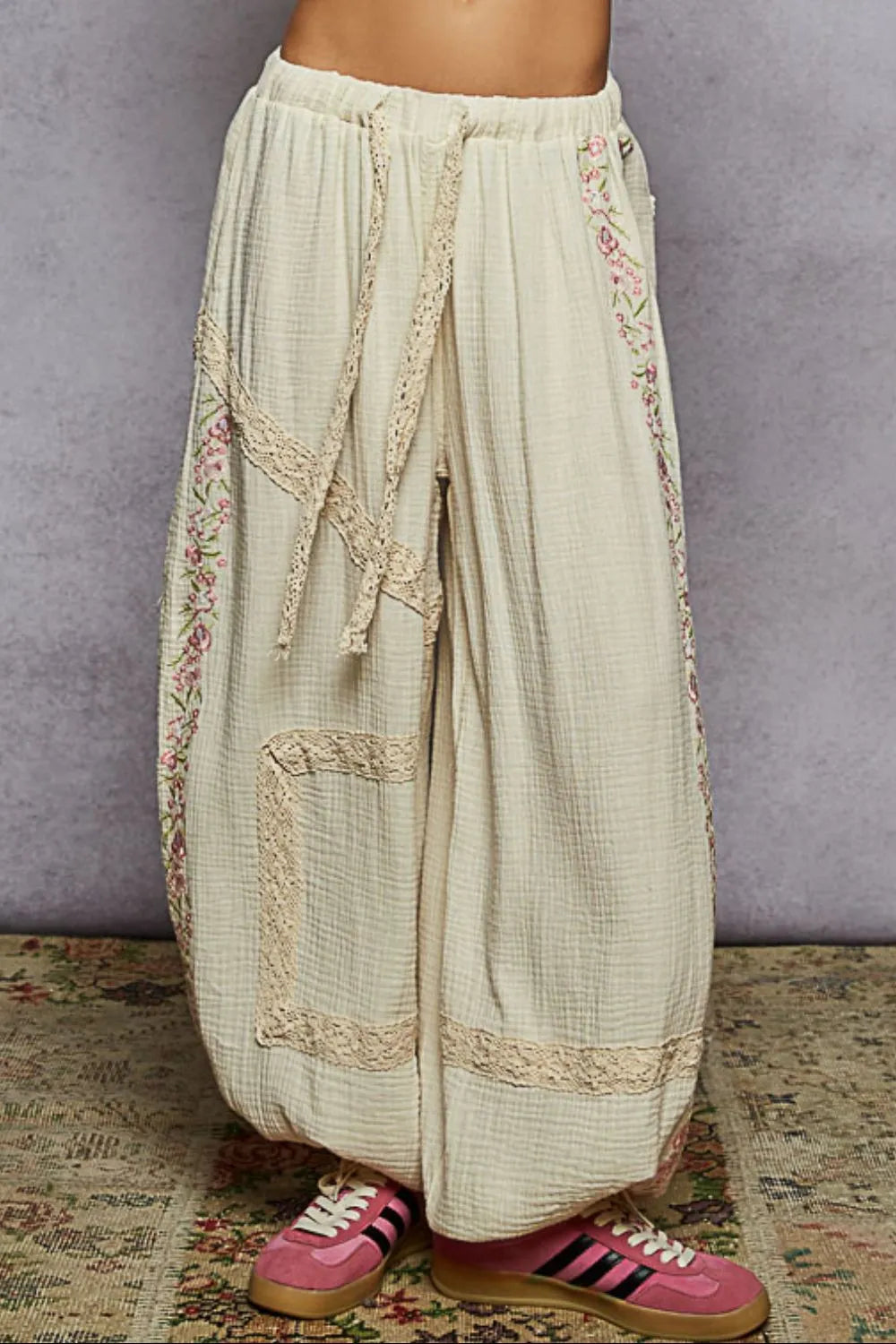 POL Floral Embroidered Drawstring Joggers with Lace Trim-Sweatpants & Joggers-Trendsi-[option4]-[option5]-[option6]-[option7]-[option8]-Shop-Boutique-Clothing-for-Women-Online