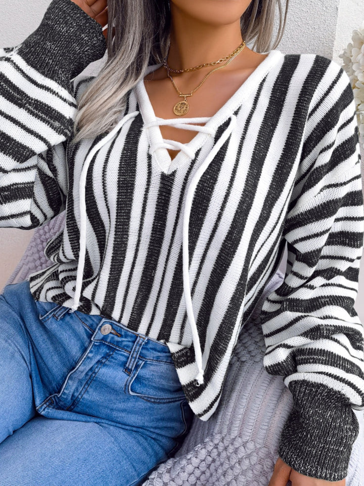 Striped Lace-Up Long Sleeve Sweater-Trendsi-[option4]-[option5]-[option6]-[option7]-[option8]-Shop-Boutique-Clothing-for-Women-Online