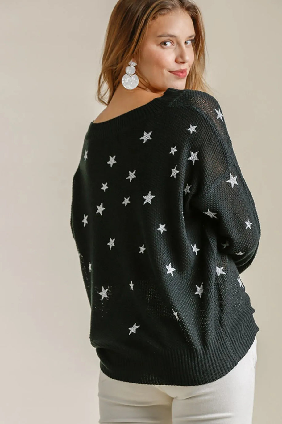 Umgee Full Size Star V-Neck Long Sleeve Sweater-Blouses-Trendsi-[option4]-[option5]-[option6]-[option7]-[option8]-Shop-Boutique-Clothing-for-Women-Online