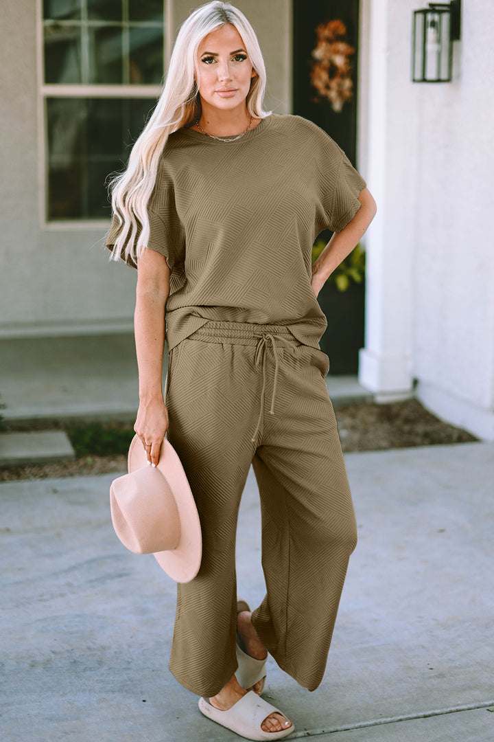 Short Sleeve Top and Pants Textured Lounge Set-Trendsi-Khaki-S-[option4]-[option5]-[option6]-[option7]-[option8]-Shop-Boutique-Clothing-for-Women-Online