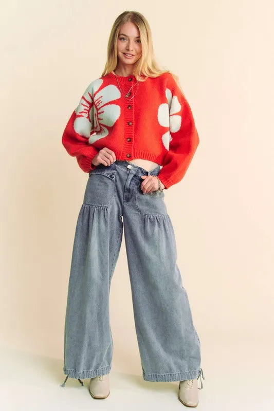 Davi & Dani Flower Contrast Round Neck Long Sleeve Cardigan-cardigan-Trendsi-[option4]-[option5]-[option6]-[option7]-[option8]-Shop-Boutique-Clothing-for-Women-Online