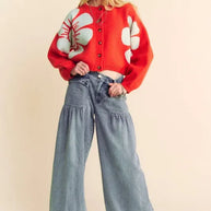 Davi & Dani Flower Contrast Round Neck Long Sleeve Cardigan-cardigan-Trendsi-[option4]-[option5]-[option6]-[option7]-[option8]-Shop-Boutique-Clothing-for-Women-Online