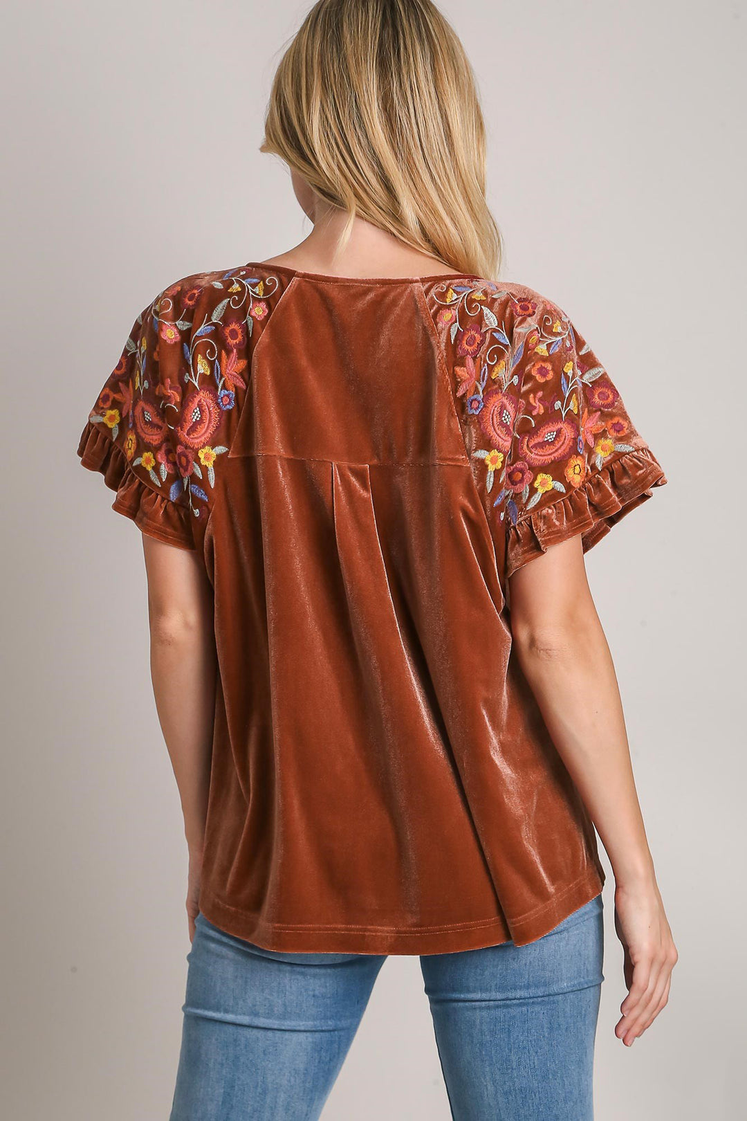 Umgee Velvet Embroidery Short Sleeve Blouse-Trendsi-[option4]-[option5]-[option6]-[option7]-[option8]-Shop-Boutique-Clothing-for-Women-Online