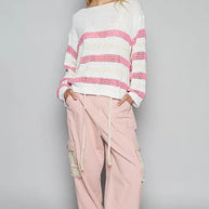 POL Striped Openwork Round Neck Knit Top-knit top-Trendsi-[option4]-[option5]-[option6]-[option7]-[option8]-Shop-Boutique-Clothing-for-Women-Online