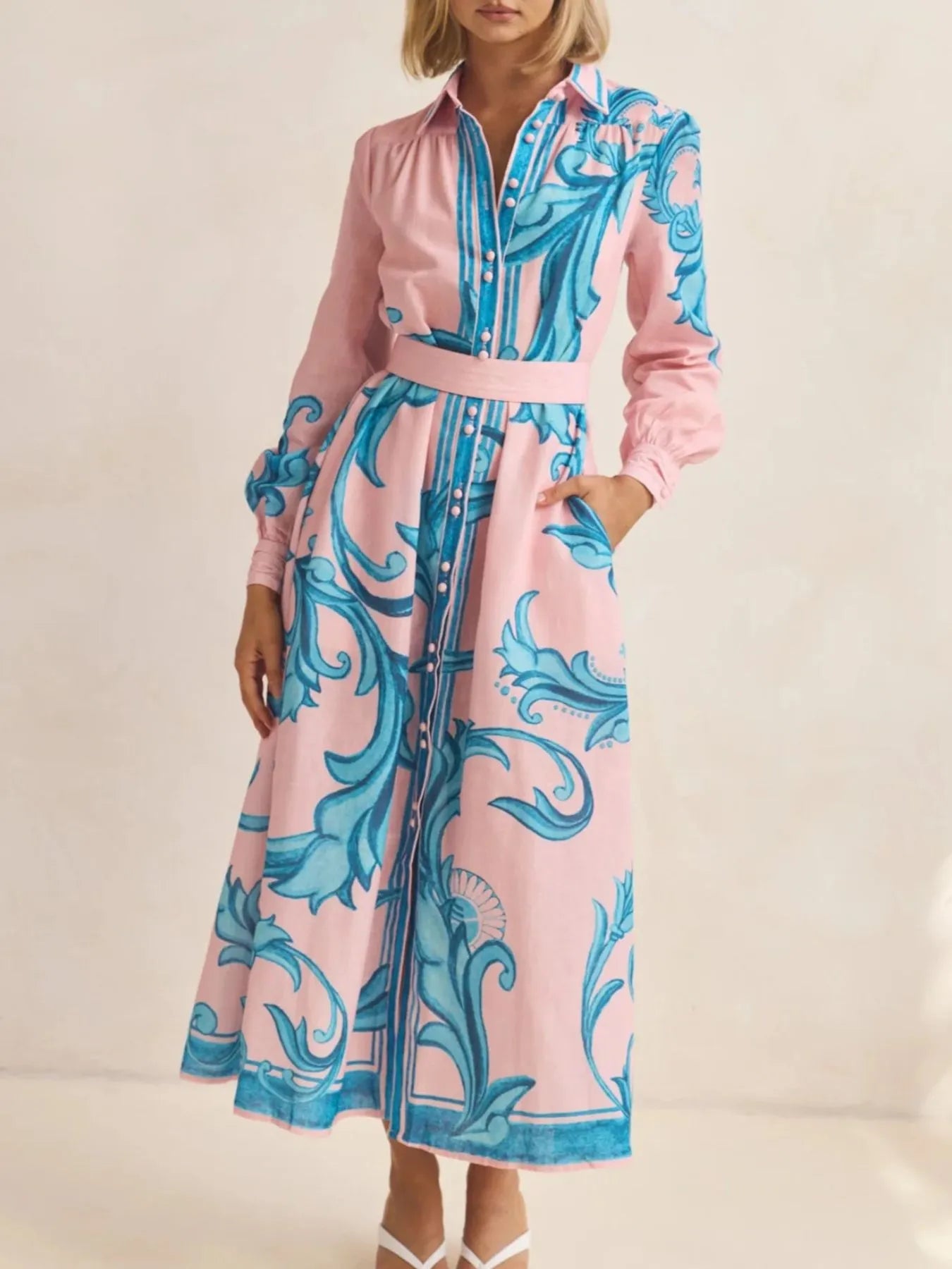 Printed Button Down Belted Shirt Dress-Dresses-Trendsi-[option4]-[option5]-[option6]-[option7]-[option8]-Shop-Boutique-Clothing-for-Women-Online