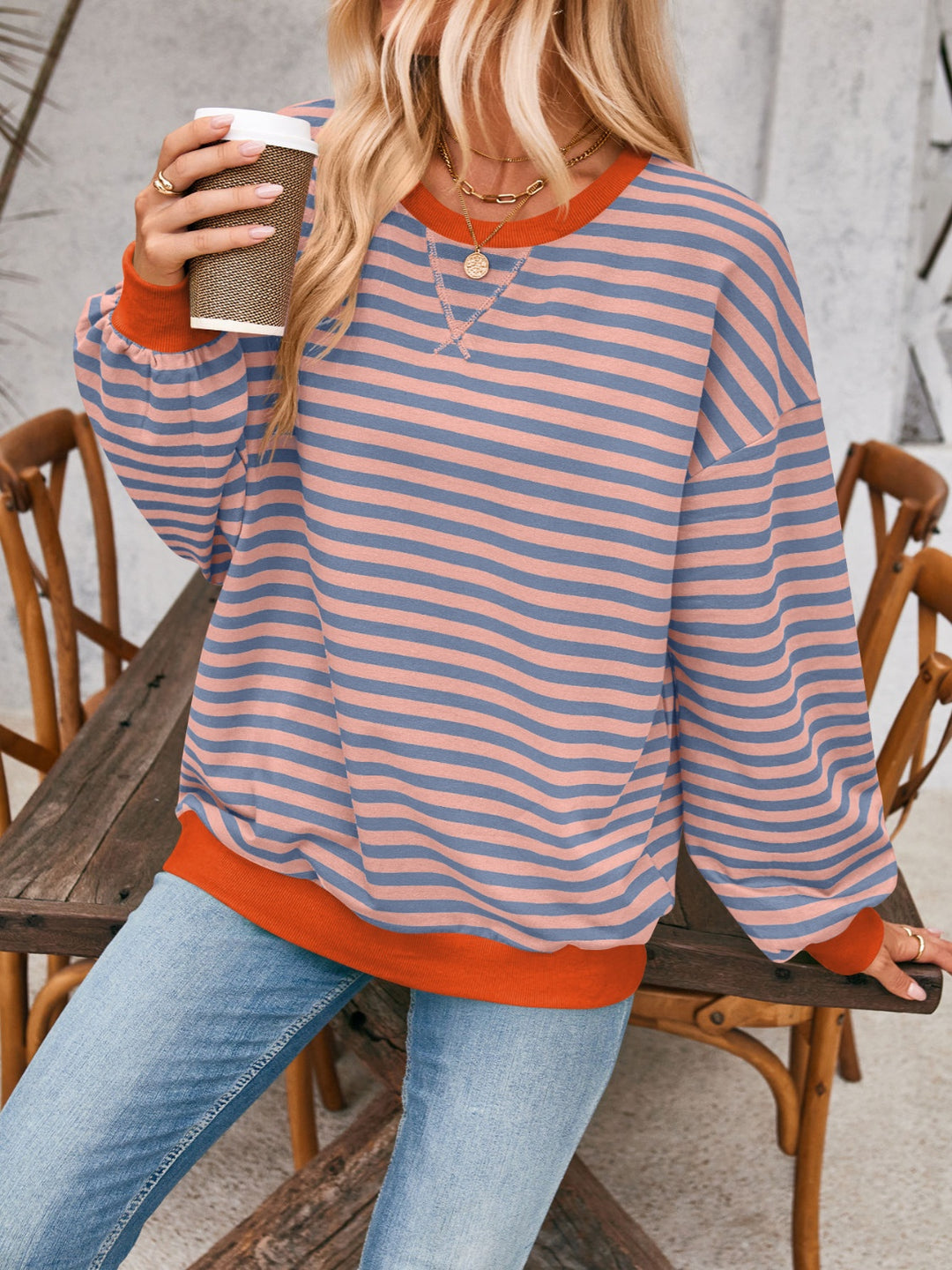 Lovelet Contrast Striped Long Sleeve Sweatshirt-Trendsi-Terracotta-S-[option4]-[option5]-[option6]-[option7]-[option8]-Shop-Boutique-Clothing-for-Women-Online