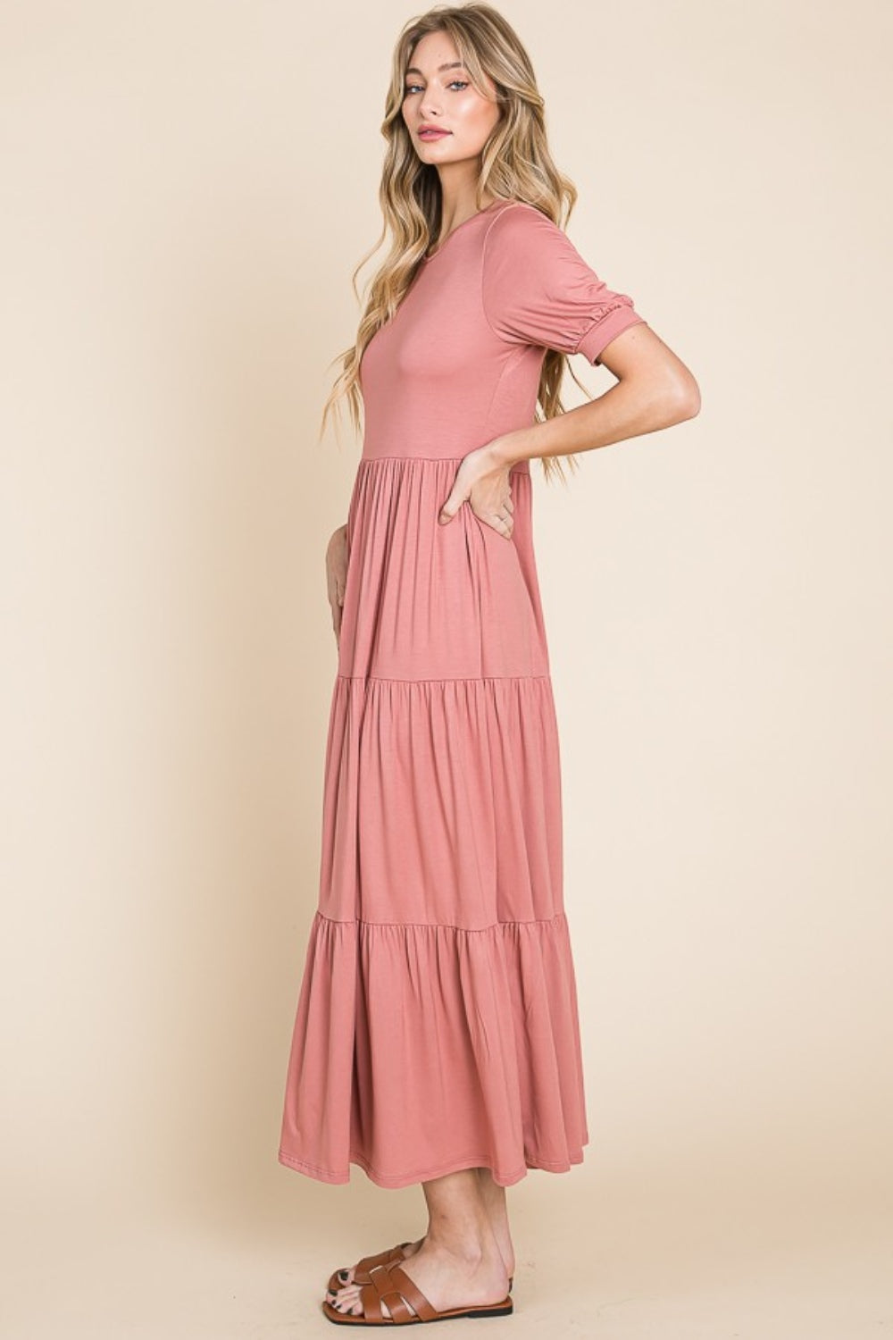 BOMBOM Short Sleeve Tiered Maxi Dress-Trendsi-[option4]-[option5]-[option6]-[option7]-[option8]-Shop-Boutique-Clothing-for-Women-Online