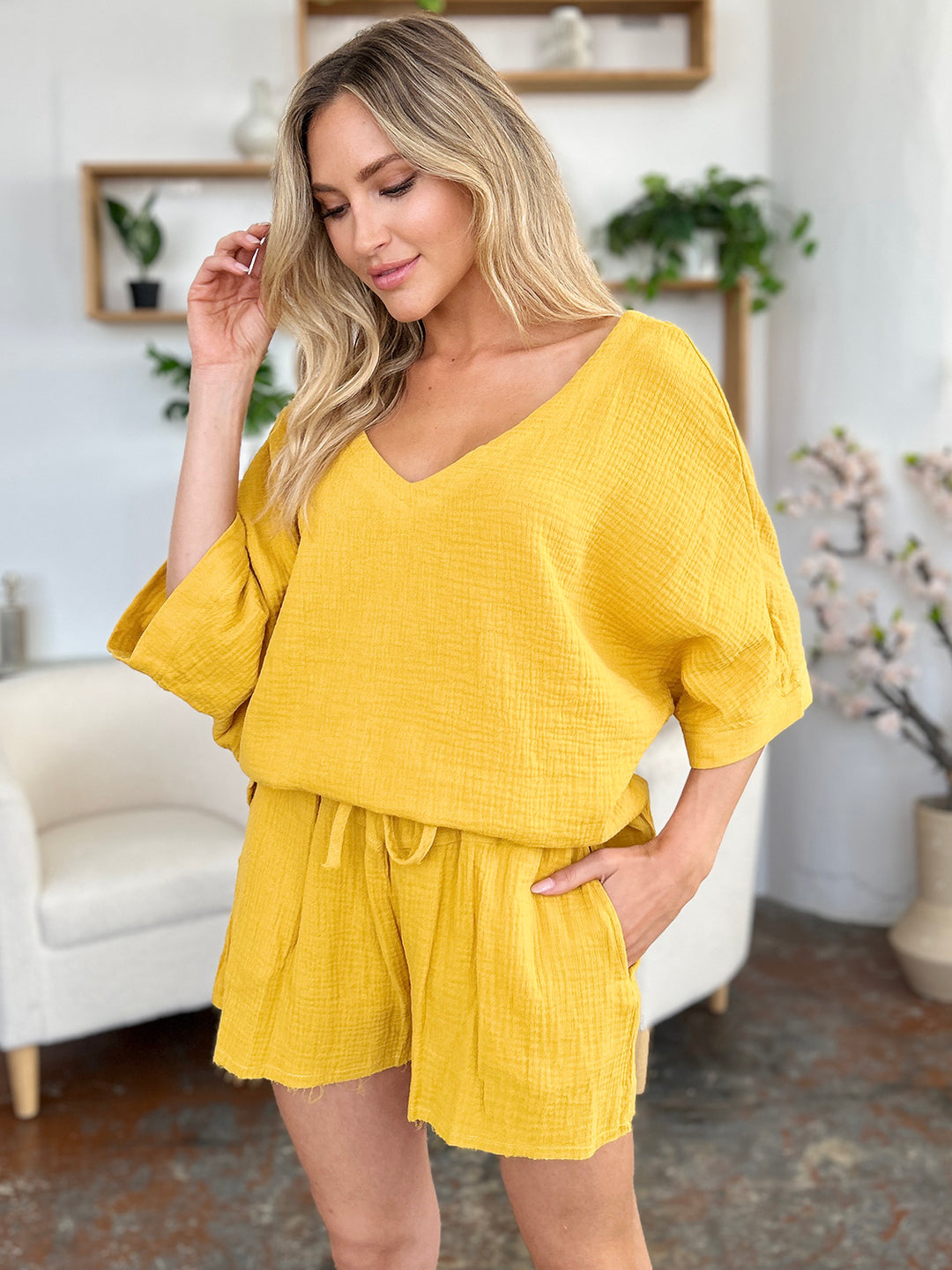 Double Take Texture Half Sleeve T-Shirt and Drawstring Shorts Set-Trendsi-[option4]-[option5]-[option6]-[option7]-[option8]-Shop-Boutique-Clothing-for-Women-Online