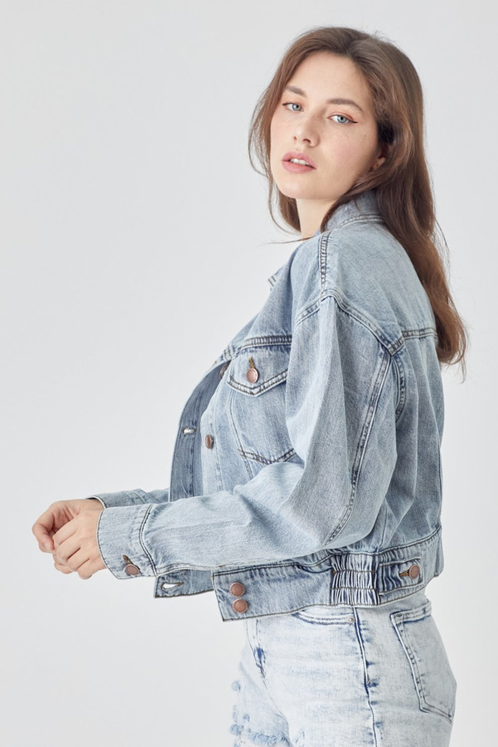 RISEN Button Down Cropped Denim Jacket-Trendsi-[option4]-[option5]-[option6]-[option7]-[option8]-Shop-Boutique-Clothing-for-Women-Online