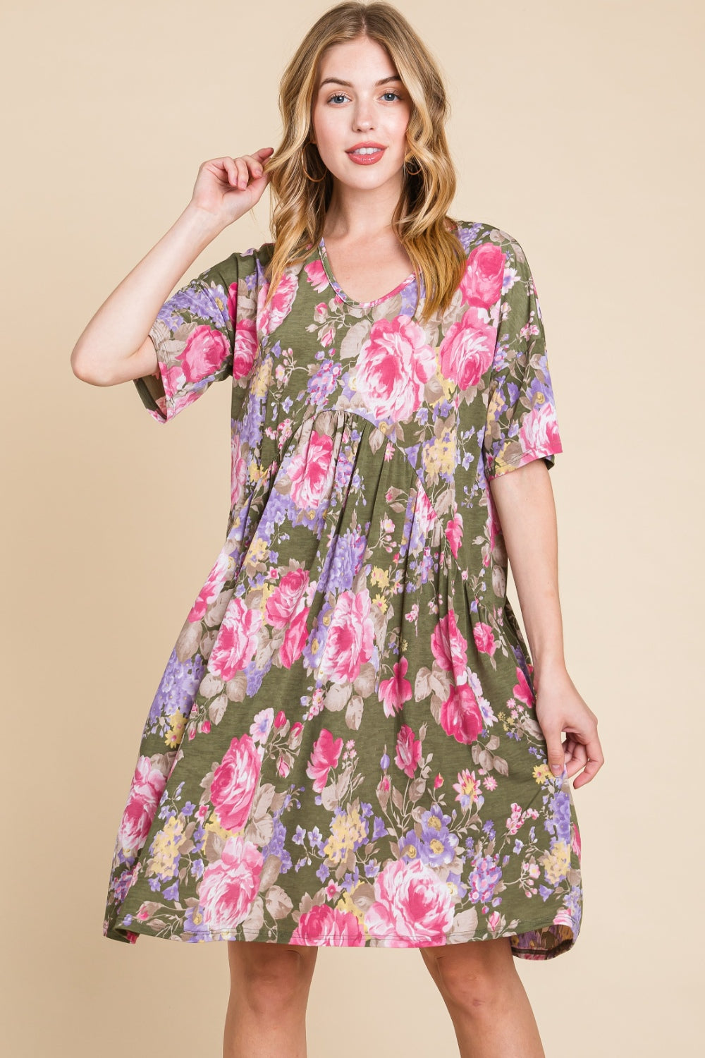 BOMBOM Flower Print V-Neck Ruched Dress-Trendsi-Floral-S-[option4]-[option5]-[option6]-[option7]-[option8]-Shop-Boutique-Clothing-for-Women-Online