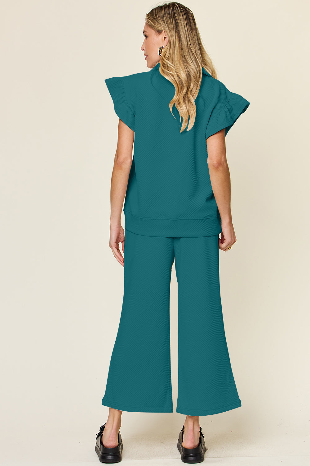 Double Take Texture Ruffle Short Sleeve Top and Drawstring Wide Leg Pants Set-Trendsi-[option4]-[option5]-[option6]-[option7]-[option8]-Shop-Boutique-Clothing-for-Women-Online