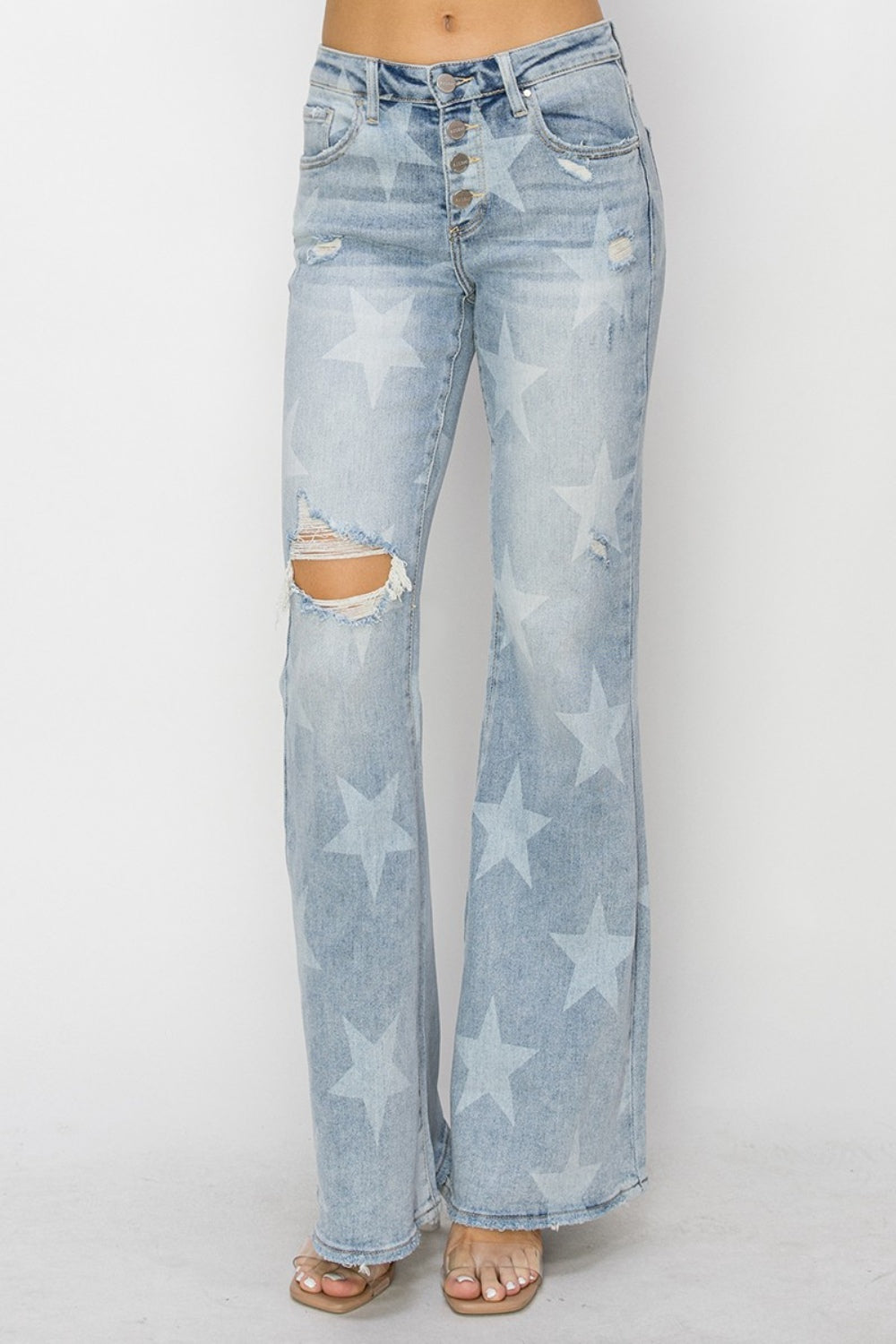RISEN Mid Rise Button Fly Star Print Flare Jeans-Trendsi-Light-0-[option4]-[option5]-[option6]-[option7]-[option8]-Shop-Boutique-Clothing-for-Women-Online
