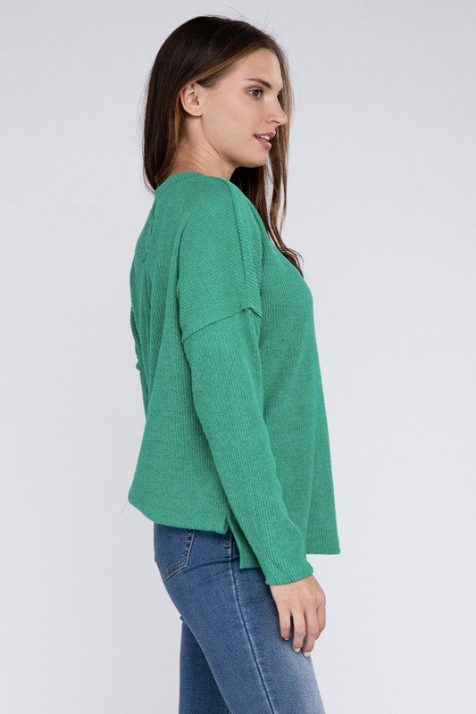 Zenana Ribbed Brushed Melange Hacci Sweater with a Pocket-ZENANA-[option4]-[option5]-[option6]-[option7]-[option8]-Shop-Boutique-Clothing-for-Women-Online