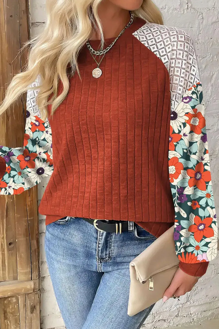 Printed Round Neck Floral Lace Sleeve Top-Trendsi-Terracotta-S-[option4]-[option5]-[option6]-[option7]-[option8]-Shop-Boutique-Clothing-for-Women-Online