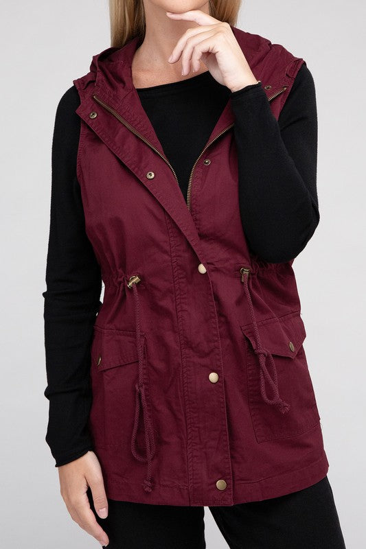 Zenana Drawstring Waist Military Hoodie Vest-ZENANA-DK BURGUNDY-S-[option4]-[option5]-[option6]-[option7]-[option8]-Shop-Boutique-Clothing-for-Women-Online